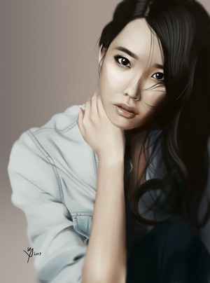 Digital art portrait of a woman with hand on neck