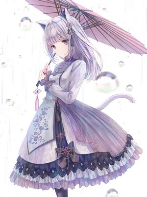 Anime cat girl with umbrella in the rain