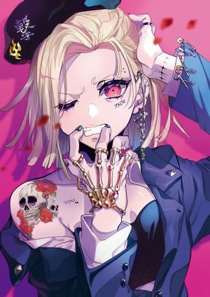 Anime girl with blonde hair and red eyes, skull tattoo