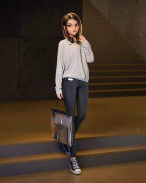 Woman with headphones and bag on stairs