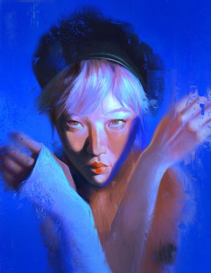 Digital painting of a woman with pink hair and a beret