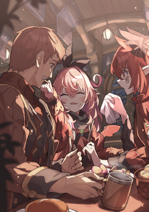 Anime characters eating at a table
