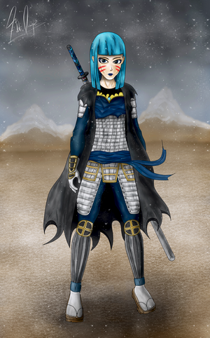 Samurai warrior with blue hair and katana