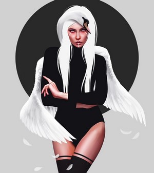 Woman with swan wings and white hair