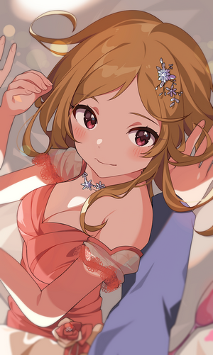Anime girl with brown hair and red eyes in a pink dress