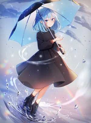 Anime girl with blue hair and umbrella in the rain