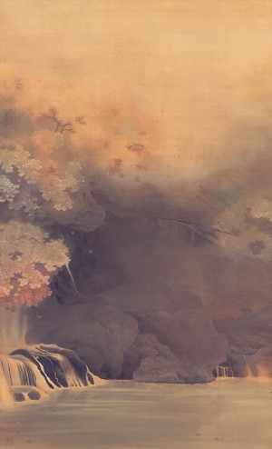 Japanese Artwork: Waterfall and Mountains