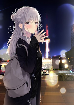 Anime girl with grey hair and backpack at night