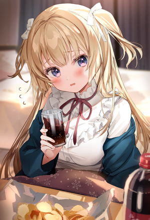 Blushing Blonde Anime Girl Drinking Soda