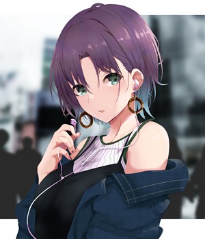 Anime girl with purple hair and earphones