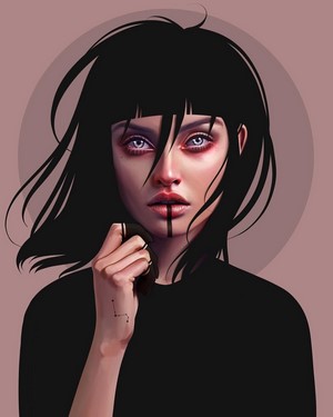 Woman with black fringe hair and gray eyes