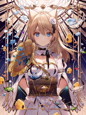 Anime girl with cat ears holding a phonograph