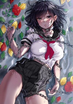 Anime girl in school uniform chained in water with flowers
