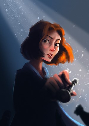 Beth Harmon from The Queen's Gambit holding a chess piece