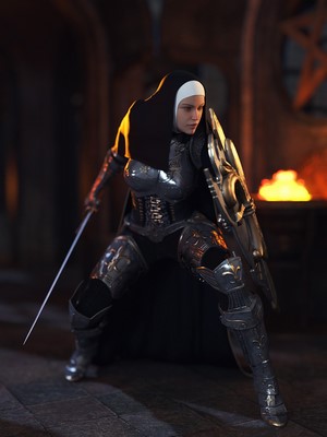 Armored warrior nun with sword and shield