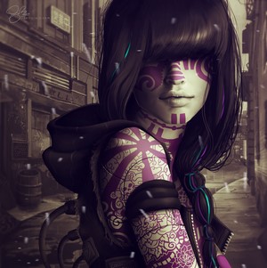 Woman with purple face and body paint