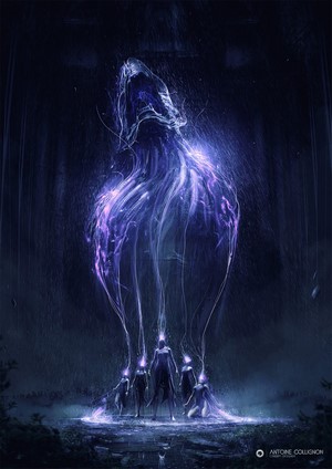 Digital art of a mystical entity being summoned by figures