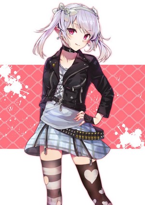 Anime girl with silver hair and pink eyes wearing a leather jacket