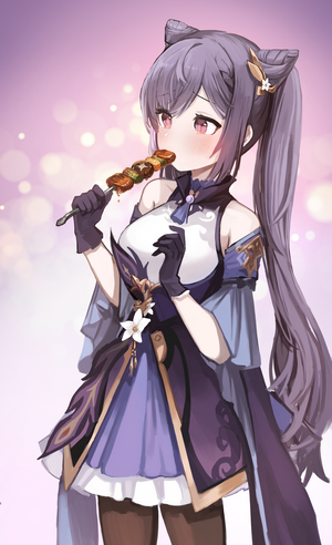 Keqing from Genshin Impact Eating Skewers