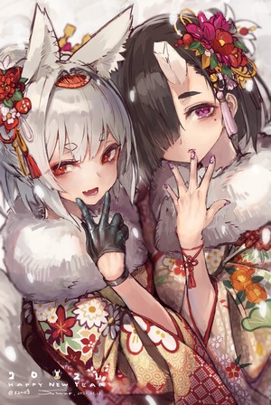 Two anime girls in kimonos with animal ears and horns