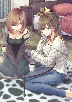 Two anime girls kneeling with coffee