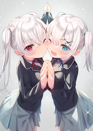 Two anime girls with silver twintails in school uniforms