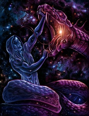 Cosmic Being Fights Giant Serpent in Space