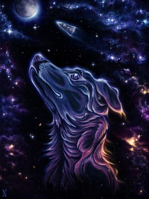 Dog looking at Sputnik and the Moon in space