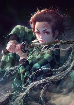Kamado Tanjiro from Kimetsu no Yaiba with a sword in water