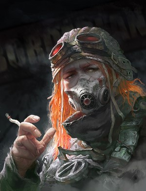 Portrait of a person with gas mask and cigarette