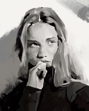 Monochrome digital painting of a woman looking away