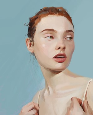 Digital painting of a woman with red hair looking away