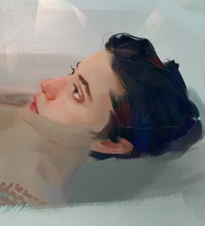 Fan art of a woman with dark hair in a bathtub
