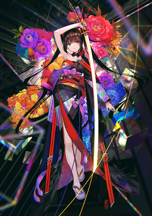 Fuji Choko artwork of a woman with a katana and flowers