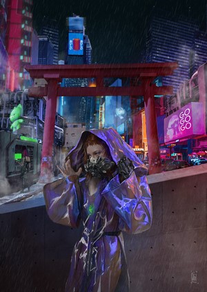 Woman in futuristic city with mask and hood