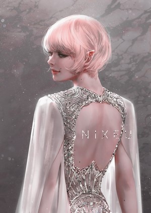 Anime girl with pink hair and elf ears in a dress