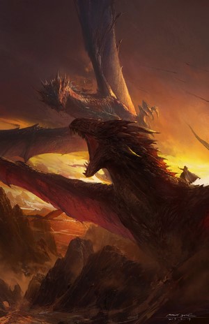 Two dragons flying over a rocky landscape at sunset