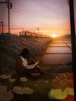 Woman reading by train tracks at sunset