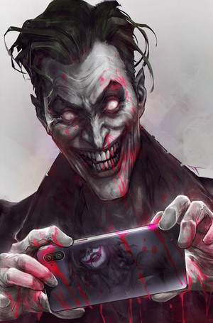 Joker taking a selfie with a bloody phone