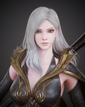 Fantasy woman with long gray hair and green eyes