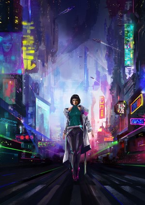 Woman walking through a futuristic city at night