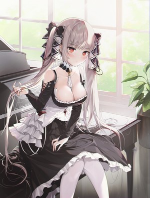 Formidable from Azur Lane sitting by a piano