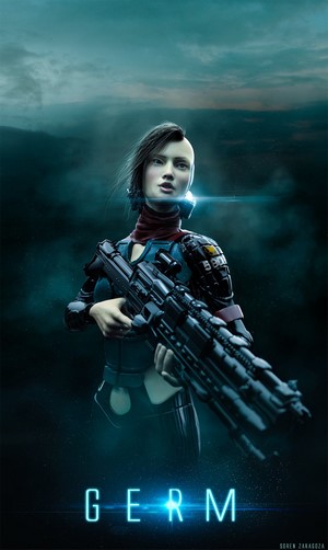 Woman with futuristic weapon and cybernetic arm