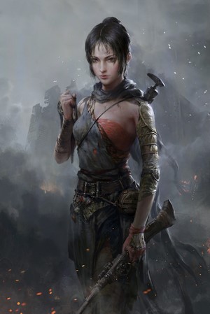 Woman with gun and armor in a smoky landscape