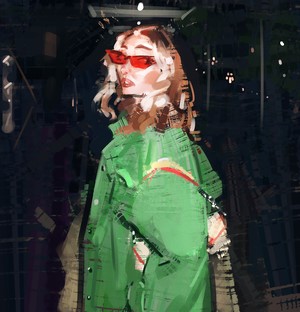 Artwork of a woman with blonde hair wearing red glasses and a green jacket