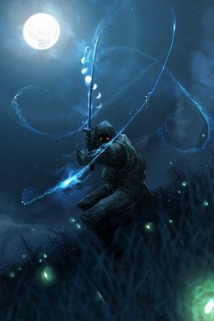 Ninja with glowing sword under the moon