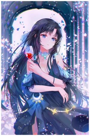 Anime girl in blue dress holding wine glass