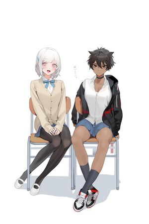 Two anime girls sitting on chairs
