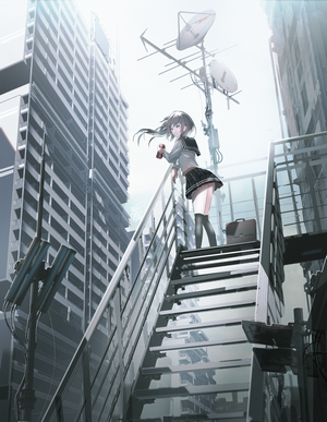 Anime girl in school uniform on stairs with buildings