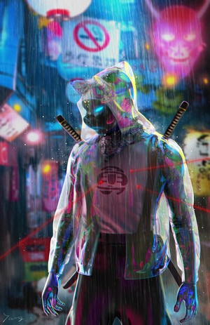 Futuristic samurai in rainy cyberpunk city